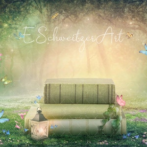 Fairy Tale Books in Enchanted Forest. Magic Wood Digital Backdrop for Photographers. Fantasy background. Children Photography.