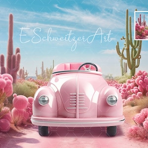 ピンクの花が咲くサボテン畑と子供人形プリンセス車の背景写真 Photoshop 合成用。デジタル背景。 2パック。
