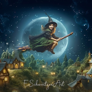 Witch flying Riding Broom Broomstick Halloween Digital Backdrop. Funny Fantasy Witchy Background For Photographers. Photography.