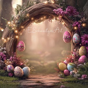 May include: A whimsical Easter backdrop featuring a wooden archway adorned with pink flowers, green leaves, and twinkling lights.  The archway is decorated with colourful Easter eggs, including pink, blue, and yellow eggs with white polka dots.  The background is a blurred image of a forest with a soft, golden light.