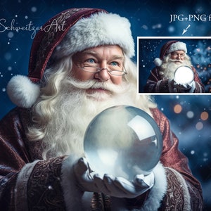Święty Mikołaj z kulą śnieżną na świąteczne zdjęcie. Cyfrowe tło. Wstaw nakładkę PNG. Rekwizyt fotograficzny Photoshop Composite. 2 PACZ
