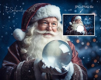 Santa Claus with Snow Globe for Christmas Photo. Digital Backdrop. Insert PNG overlay. Photography Prop Photoshop Composite. 2 PACK