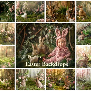 Könnte beinhalten: Ein Set mit 13 digitalen Hintergründen, die eine märchenhafte Waldszene mit Hasen, Blumen und Eiern zeigen. Die Hintergründe sind perfekt, um Osterfotos oder digitale Kunstwerke zu erstellen.