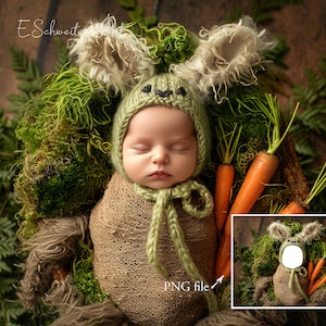 May include: A newborn baby wearing a green bunny hat and a brown swaddle, lying in a nest of green moss and carrots.