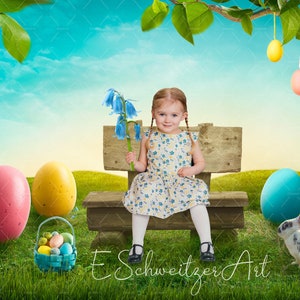 Happy Easter Background with Bench, Rabbit and Colorful Eggs for Photographers. digital download. FieldLandscape. Grass Meadow. Copyspace.