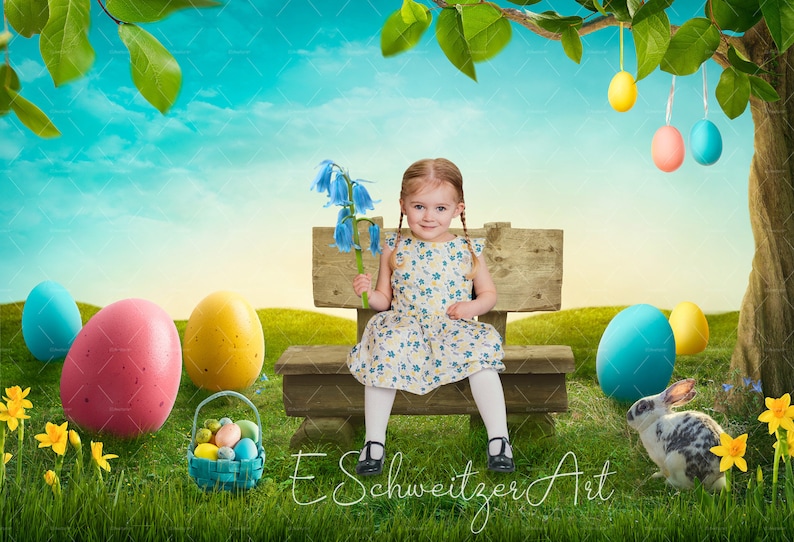 Happy Easter Background with Bench, Rabbit and Colorful Eggs for Photographers. digital download. FieldLandscape. Grass Meadow. Copyspace. image 1