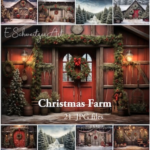 May include: A digital backdrop featuring a red barn decorated for Christmas with wreaths, garlands, and lights. The barn has a red door and is surrounded by snow-covered trees. The text "Christmas Farm 21 JPG files" is displayed below the barn.