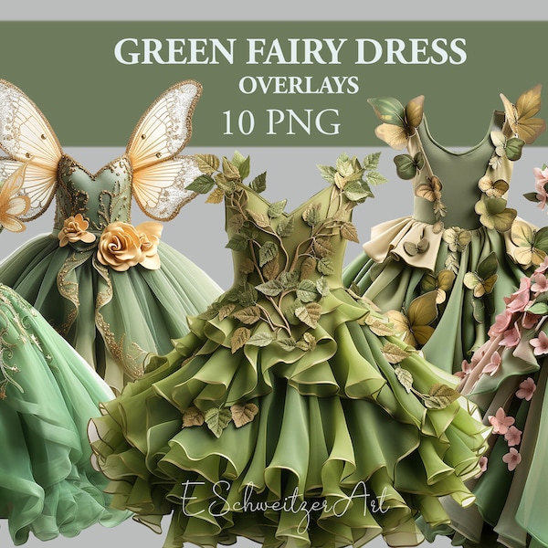 Green Fairy Princess Girl Dress Ball Party Gown Photo Overlay. 10 PACK. PNG files. Digital Download. For Photography Photoshop Composing