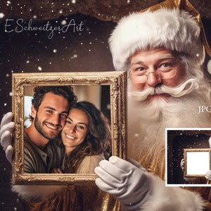 Può includere: Babbo Natale con un abito dorato e bianco tiene un cornice dorata con una coppia al suo interno. Lo sfondo è marrone sfocato con fiocchi di neve bianchi.