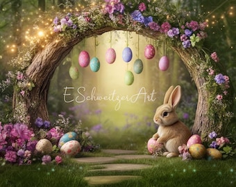 Easter Archway Fantasy Forest Digital Backdrop. Children Photography Background with Easter Eggs, Bunny and Arch. 1JPG
