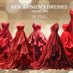 Könnte beinhalten: Zehn rote Overlay-Bilder von Damenkleidern. Die Kleider sind in verschiedenen Stilen, darunter trägerlos, einseitig und halterlos. Die Kleider sind alle aus einem fließenden Stoff gefertigt und haben einen geschichteten Look. Der Text "RED WOMEN'S DRESSES OVERLAYS 10 PNG" befindet sich oben im Bild.