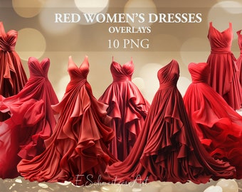 Red Woman Dress Photo Overlay. Festive Cocktail Sleeve Gown. 10 PACK. PNG file Digital Download. Clipart for Photography Photoshop Composing