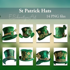 Puede incluir: Catorce sombreros verdes del Día de San Patricio con ribetes dorados y adornos de trébol. Los sombreros están sobre un fondo blanco.