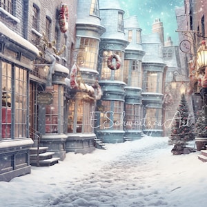 May include: A snowy, cobblestone street lined with quaint, brick buildings decorated with Christmas wreaths and garlands. The street is empty, with snow falling gently.
