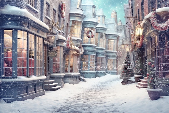 Winter Fairy Tale Snowy Christmas Fantasy Street  In Magic Town City Backdrop for Photo Photoshop Composing. AI generated Digital Background