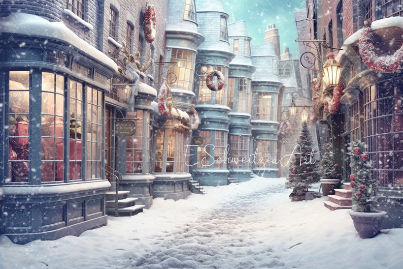 May include: A snowy, cobblestone street lined with quaint, brick buildings decorated with Christmas wreaths and garlands. The street is empty, with snow falling gently.