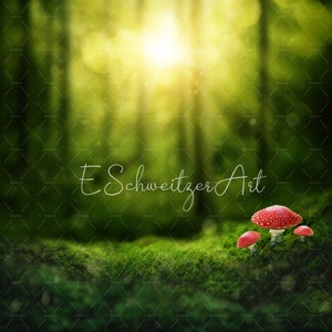 May include: A green forest scene with a bright sun shining through the trees. The forest floor is covered in moss and there are three red and white mushrooms growing in the foreground. The text "E Schweizer Art" is written in white cursive on the image.