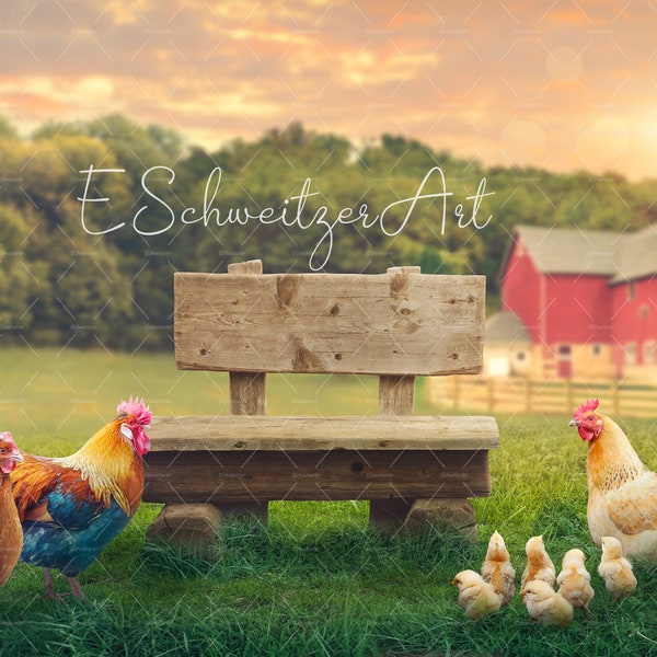 Farm Digital Backdrop for Photographers. Instant download. Children Photography. Countryside Background. Rooster Hen Chickens Animals. bench