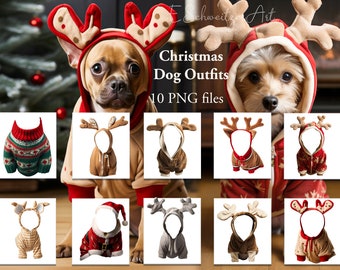 Christmas Dog Outfit Photo Overlay. 10 PACK. PNG files. Pet Dress Costume Overlays.  Digital Download. Clipart Photography Composing.