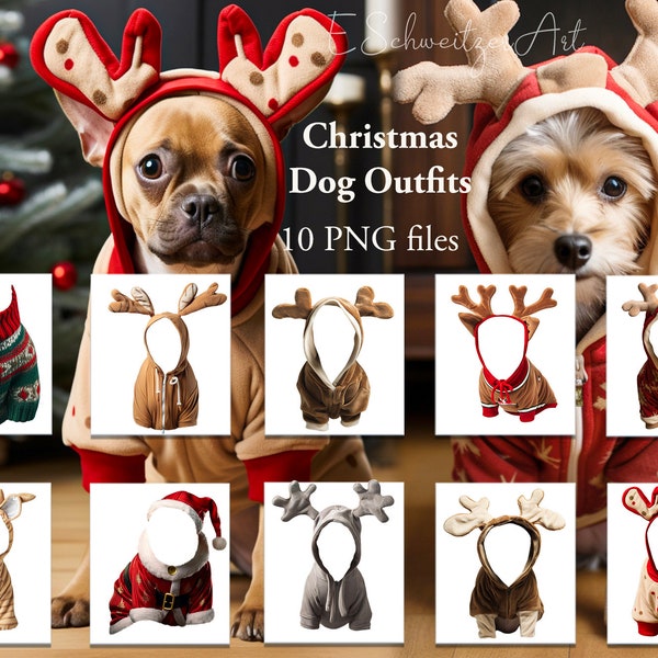 Christmas Dog Outfit Photo Overlay. 10 PACK. PNG files. Pet Dress Costume Overlays. Digital Download. Clipart Photography Composing.