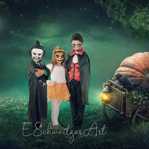 Magic Halloween Digital Backdrop for Photographers. Spooky Creepy Photoshop Background. Cart with Pumpkin Raven. Photography.
