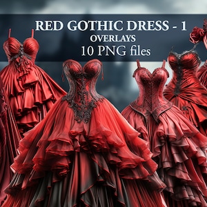Red Gothic Woman Girl Dress Ball Gown Photo Overlay. 10 PACK.  PNG files. Digital Download. Clipart for Photography Photoshop Composing.