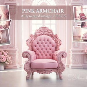 Puede incluir: Un sillón rosa con tallas ornamentadas y botones es el punto focal de la imagen. La imagen incluye otras imágenes del mismo sillón en una habitación rosa. El texto "PINK ARMCHAIR" y "AI generated images. 8 PACK" es visible.
