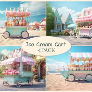 写真 Photoshop 合成用のファンタジー アイス クリーム カート ファニーの背景。サマーシティビーチでの休暇のデジタル背景。 4パック。