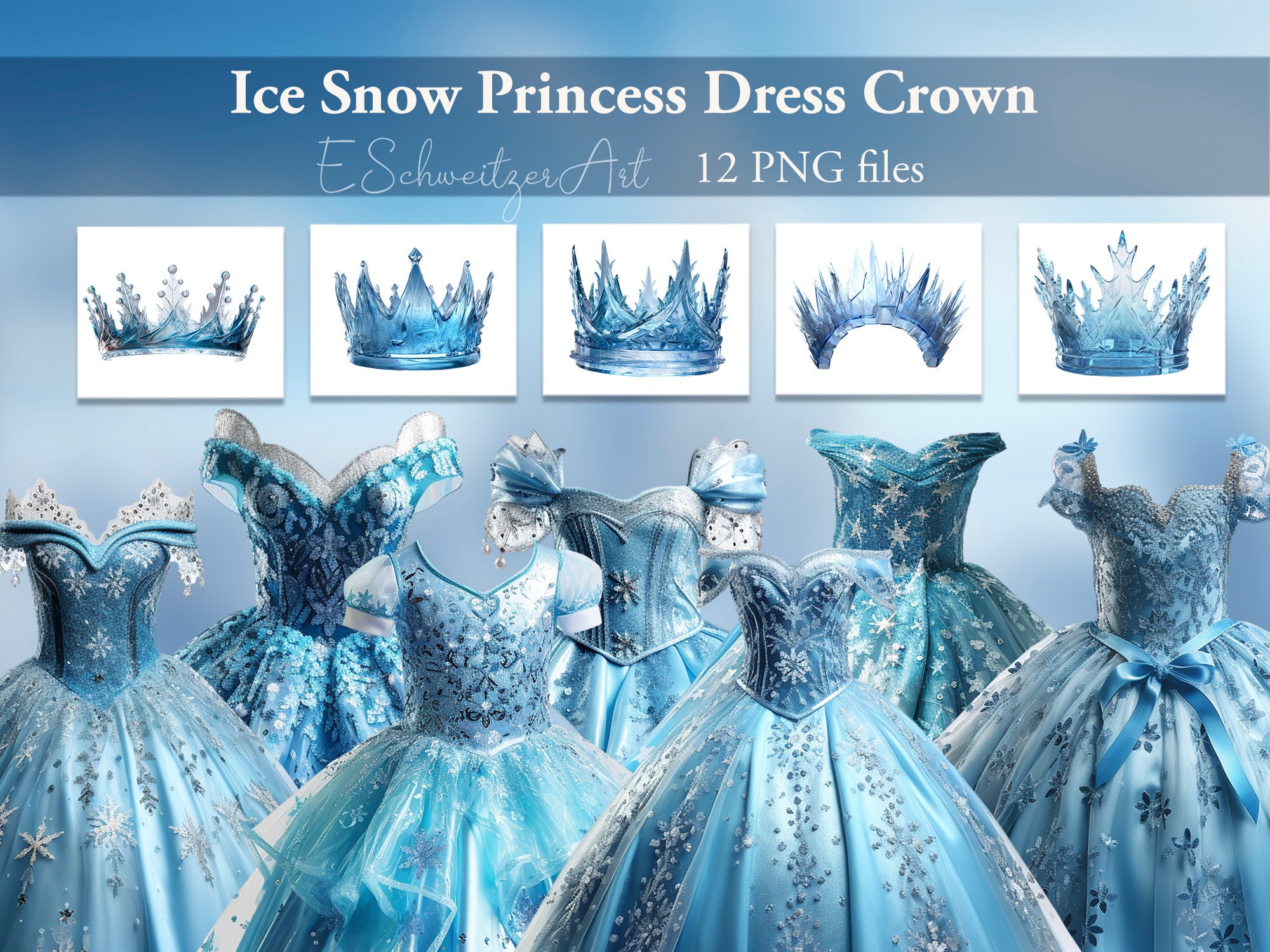 Blue Ice Crown Dress Photo Overlay. Snow Princess Queen. 12 PACK. PNG files Digital Download. Clipart for Photography Photoshop Composing