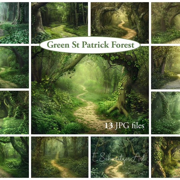 Green St Patrick Magic Forest Backdrop Bundle. Leprechaun Backdrop. Digital Download. AI generated. 13 PACK