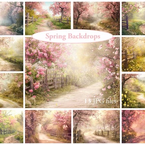 May include: A collection of 13 digital backdrops featuring spring scenes with paths through blooming trees and fences. The backdrops are ideal for photographers and digital artists.