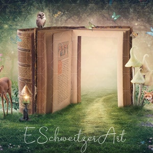 Entrance to the Fairy Wood. Fantasy Digital Backdrop for Photographers. Magic Forest Background. Magic Books Wall Art Poster. Composite.