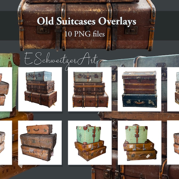 Old Vintage Rustic Antique Suitcase Photo Overlays For Composites. Suitcase PNG Files Instant Digital Download. Photoshop Clip Art. 10 PACK