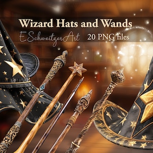 Könnte beinhalten: Ein Set mit 20 digitalen Bildern mit Zaubererhüten und Zauberstäben. Die Hüte sind schwarz mit goldenen Sternen und die Zauberstäbe sind aus Holz mit aufwendigen Details. Die Bilder sind perfekt, um magische und fantasievolle Designs zu erstellen.