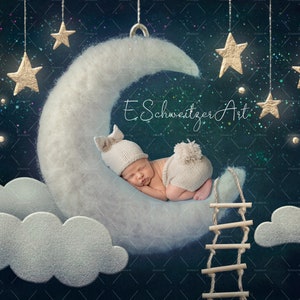 Newborn Digital Backdrop with Moon Clouds Stars. Newborn Photography. Newborn photographer. Moon Prop. Night Moon Background.