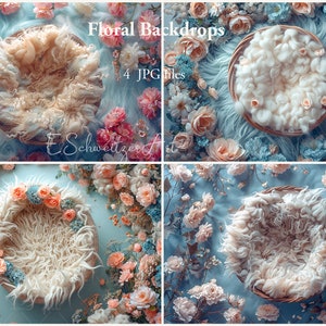 Könnte beinhalten: Vier digitale Hintergründe mit einem weißen, flauschigen, runden Nest in einem geflochtenen Korb, umgeben von pastellrosa, pfirsichfarbenen und blauen Blumen auf einem hellblauen Hintergrund. Der Text "Floral Backdrops" und "4 JPG Files" ist im oberen Bild sichtbar.