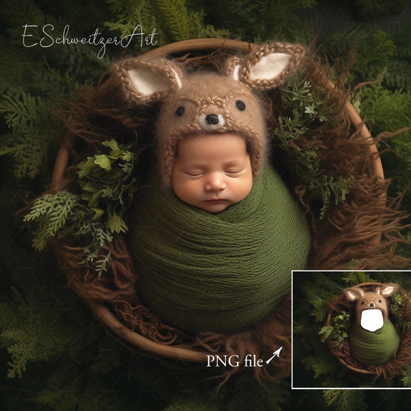Woodland Newborn Digital Backdrop. PNG File Face Insert. Little Cute Reindeer Baby in Nest Moss Ferns. Photo Prop Photoshop Composite.