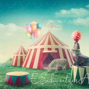 Vintage Circus digitale achtergrond met podiumpodium voor fotografen. Zegel met bal. Kinderen fantasie fotografie achtergrond. Circustent