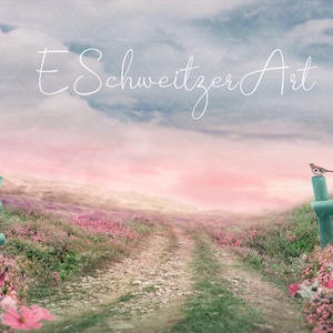 May include: A whimsical digital background featuring a dirt path leading through a field of pink flowers.  The path is framed by two green wooden fences with a small bird perched on the top of one.  The sky is a soft pink and blue with fluffy clouds.  The text "E Schweizer Art" is written in white cursive at the top of the image.