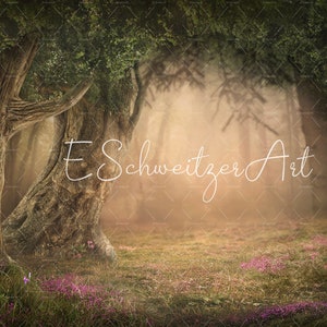 May include: A misty woodland scene with tall trees and a soft, golden light filtering through the branches. The ground is covered in a carpet of purple wildflowers.
