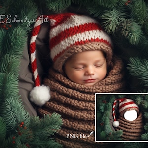 May include: A newborn baby wearing a red and white striped knitted hat and a brown knitted blanket, sleeping in a nest of green pine branches with red berries.