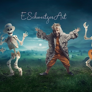 May include: A boy in a grey coat and orange pants dances with three skeletons. Two skeletons wear hats and one plays a guitar. The background is a dark blue sky with a full moon and a grassy field.
