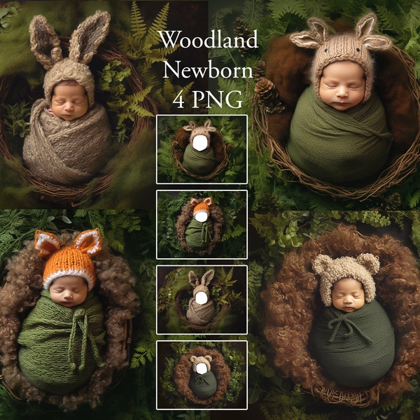 Woodland 4 Set Newborn Digital Backdrop. PNG File Face Insert. Little CuteHare Reindeer Fox Bear Baby in Nest Photo Prop Photoshop Composite