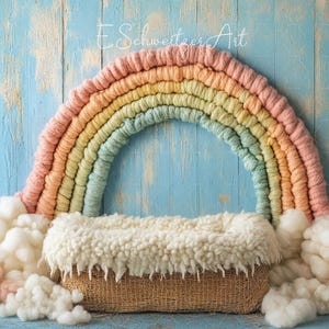 Könnte beinhalten: Ein regenbogenfarbener Garnbogen mit flauschigen weißen Wolken auf beiden Seiten, ein weißer flauschiger Korb sitzt in der Mitte des Bogens vor einem blauen Holzhintergrund. Der Text "E Schweitzer Art" ist in der oberen linken Ecke des Bildes sichtbar.