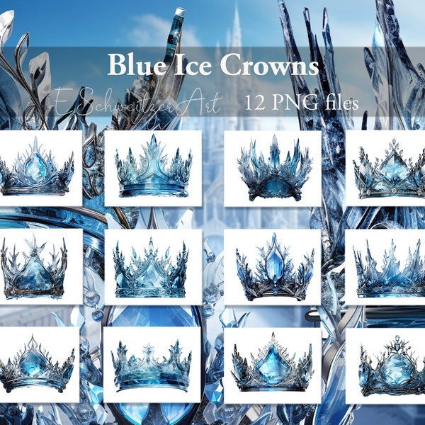Blue Ice Crystal Glass Crown Photo Overlay. Princess Queen. 12 PACK. PNG files Digital Download. Clipart for Photography Photoshop Composing