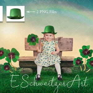 Könnte beinhalten: Ein Kind mit grünem Hut und Blumenkleid hält ein vierblättriges Kleeblatt. Im Hintergrund ist ein Regenbogen zu sehen. Das Bild zeigt auch Kleeblätter und den Text "2 PNG Files" und "E Schweizer Art".