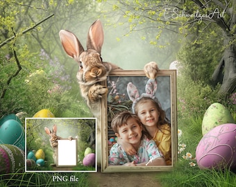 Easter Rabbit with Picture Frame for Easter Photo. Digital Backdrop. Insert PNG Overlay. Photography  Prop Photoshop Composite. 2 PACK