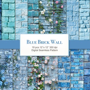 Könnte beinhalten: 18 digitale nahtlose Muster mit einer blauen Backsteinmauer mit Ranken und Blumen. Jedes Muster ist 30,5 cm x 30,5 cm groß und hat 300 dpi.