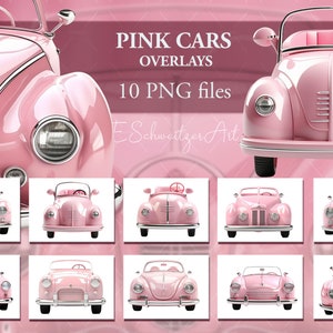 ピンクのヴィンテージ子供車の写真オーバーレイ。 10パック。  PNG ファイル。デジタルダウンロード。写真 Photoshop 合成用の人形のおもちゃの車のクリップアート。