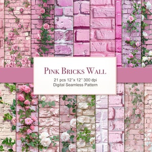 Könnte beinhalten: Ein digitales Papierpaket mit 21 nahtlosen Mustern von rosa Backsteinwänden mit Kletterpflanzen und weißen Blumen. Die Muster sind 30,5 cm x 30,5 cm groß und haben eine Auflösung von 300 dpi.